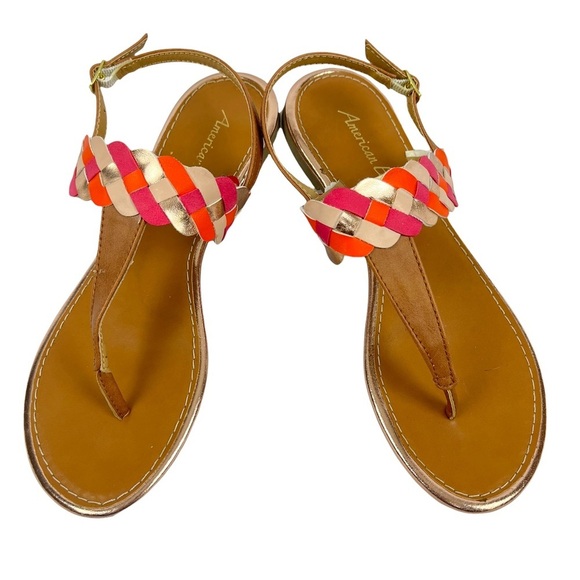 American Eagle Brown with Multicolor Band Strap Thong Sandals - Size:8 - Picture 2 of 8